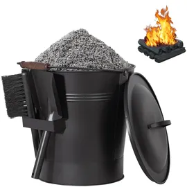 Todeco Ascheeimer Metall 24 L mit Deckel, Schaufel & Bürste Schwarz