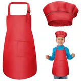 WEONE Kinder Schürze und Kochmütze Set, Kinder Einstellbare Kochschürze Kinderschürzen mit 2 Taschen für Jungen Mädchen, Kind Küchenschürzen für Küche Kochen Backen Malerei (7-13 Jahre) (Rot) - 46*62cm