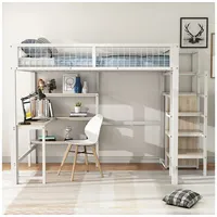 XDeer Kinderbett Hausbett mit Ablageleiter Einbauschrank und Schreibtisch, Hochbett Kinderbett Einzelbett Metallbett Ohne Matratze weiß