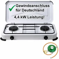 S&E Großhandel Campingkocher Gaskocher 2-flammig Gasherd 50 mbar mit Gasschlauch und Gasregler