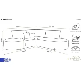 WFL GROUP Ecksofa Nora L-Form 3-Sitzer Universell, Samt, Senfgelb 223/73/223 cm