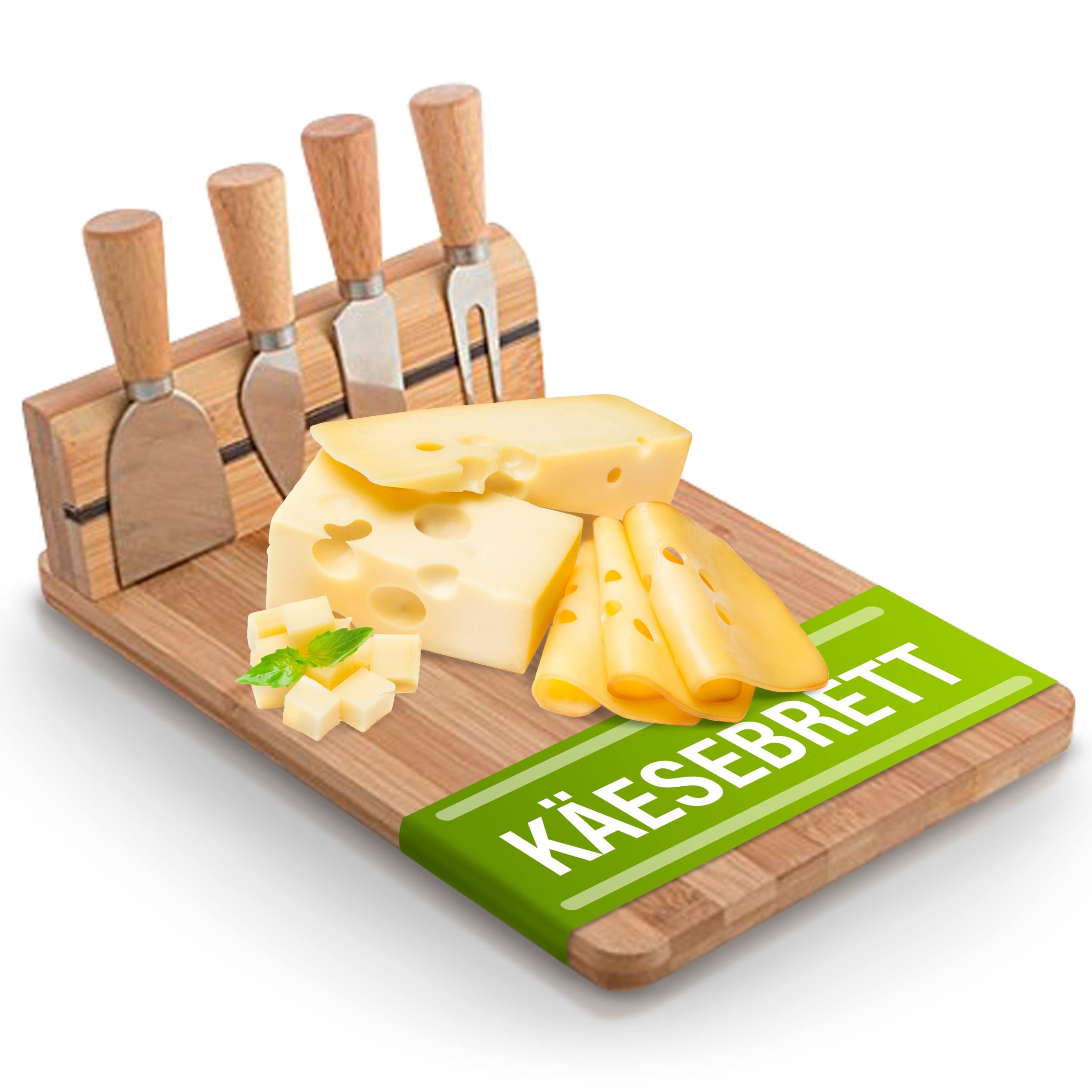 5-teiliges Käsebrett Set aus 1x Bambus Schneidebrett mit Magnethalterung für 4x Käsemesser - ca. 30x20x1,5 8,5 cm große stabile robuste Käse Servierplatte Buffet-Platte Käseplatte mit Besteck