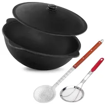 4big.fun Kazan aus Gusseisen 22 L Schaumkelle Frittierkelle Kasan Uzbekisch Aluminiumdeckel Cast Iron Kessel Asia WOK Topf Grillwok Gusstopf Wokpfanne