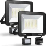 50 W LED-Außenstrahler mit Bewegungsmelder, 2er-Pack, IP67 wasserdichter LED-Strahler mit Sensor, 5000 lm, 7000 K, kaltweiße Außenbeleuchtung,