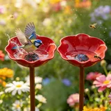 Skeadex Vogeltränke Stehend Gartenstecker Metall,Blume Bienentränke Insektentränke Garten Vogeltränke Winterfest Vogelbad mit Futterschale Vogelfutterstation Wassertränke für Garten Hof Terrasse (D*2)
