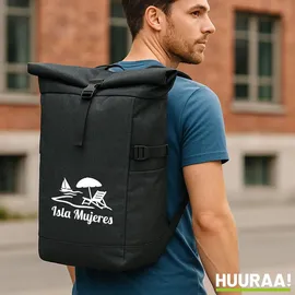 Hellweg Druckerei Huuraa Kurierrucksack Isla Mujeres Inselmotiv Mexiko 30-44 Liter Black Melange Fairtrade Rolltop Rucksack Geschenkidee - Schwarz