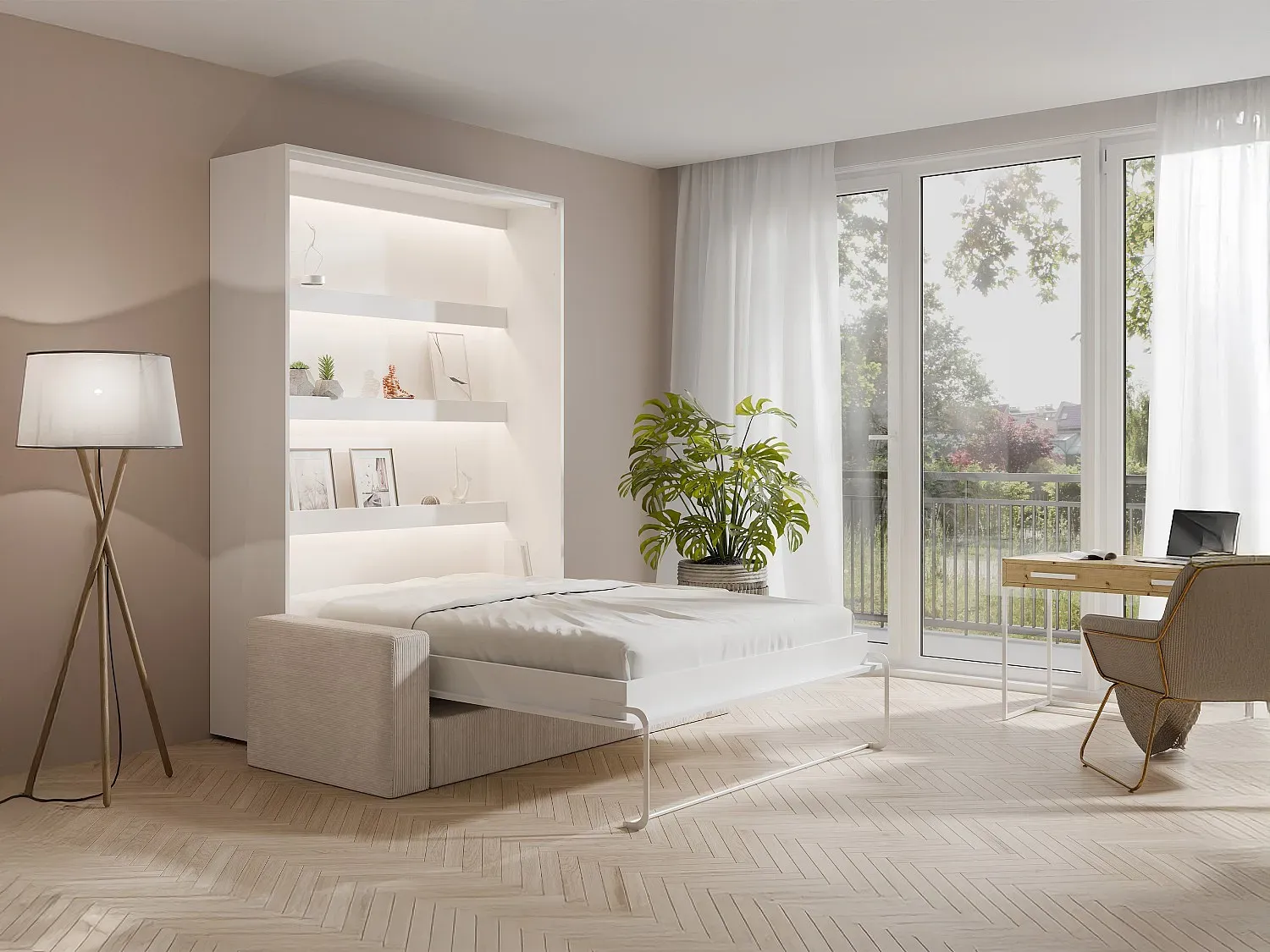 Schrankbett + Sofa - 160 x 200 cm - Manuelle vertikale Öffnung - Mit LED-Beleuchtung - Weiß - RAPILI
