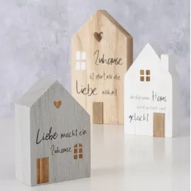Boltze Dekoaufsteller Mein Haus grau weiß natur Holz 3 tlg. - Beige
