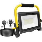 SKYWORLD Tragbar LED Baustrahler 50W 5000LM LED Arbeitsleuchter mit Stecker und 3m Netzkabel, IP66 Wasserdichtes Arbeitsscheinwerfer Bauscheinwerfer für Werkstatt oder Baustelle Garage, 6000K Weiß