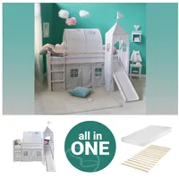Homestyle4u Kinderhochbett 90x200 Weiß mit Lattenrost und Matratze 2776