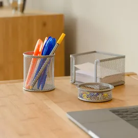 Relaxdays Schreibtisch Organizer Set Metall, Schreibtisch-Set, Büroset Mesh, Zettelbox, zwei Köcher, silber