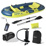 Hoberg Schlauchboot 4 Personen | Maße 322 x 165 cm & bis 360 kg belastbar | Mit 2 Sitzbänken, 2 Paddeln, Pumpe, Reparatur-Kit, 2 Angelhalterungen & weiterem Zubehör [Blau/Gelb]