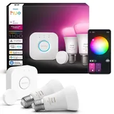 Philips Hue Starter Set: Bridge + 2 E27 Smarte Lampen + Smart Button, White and Color Ambiance, Smart Light Hub, LED Lampen steuerbar mit Apple Home, Alexa, Google Assistant, Samsung SmartThings