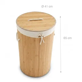 Relaxdays Wäschekorb Bambus, faltbare Wäschetonne mit Deckel, Volumen 70 l, Wäschesack Baumwolle, rund Ø 41 cm, natur