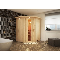 KARIBU Sauna Larin mit Zierkranz und Beleuchtung am Dach Ofen 9 kW integr. Strg