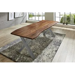 SAM® Esstisch Baumkante massiv Akazie nussbaum 240 x 100 X-Gestell silber XAVER