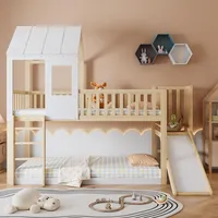 Kinderbett Etagenbett 90x200 cm Hausbett aus Kiefer Massivholz & MDF Spielbett mit Rutsche, Leiter, Dach, Fenster Hochbett Natur Weiß - Naturbelassen