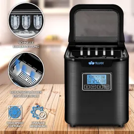 tillvex Eiswürfelmaschine Edelstahl Schwarz 12 kg - 24 h | Eiswürfelbereiter mit Timer und 2,2 Liter Wassertank | Ice-Maker LCD-Display & Selbstr... - Schwarz