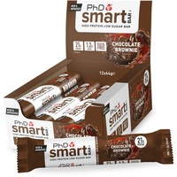 PhD Nutrition Smart Bar Protein Riegel, Protein Snack mit 20g Eiweiß und kaum Zucker / Makrofreundlicher Proteinriegel für unterwegs, 12er Packung mit 64g Riegel, Schokoladen-Brownie Geschmack