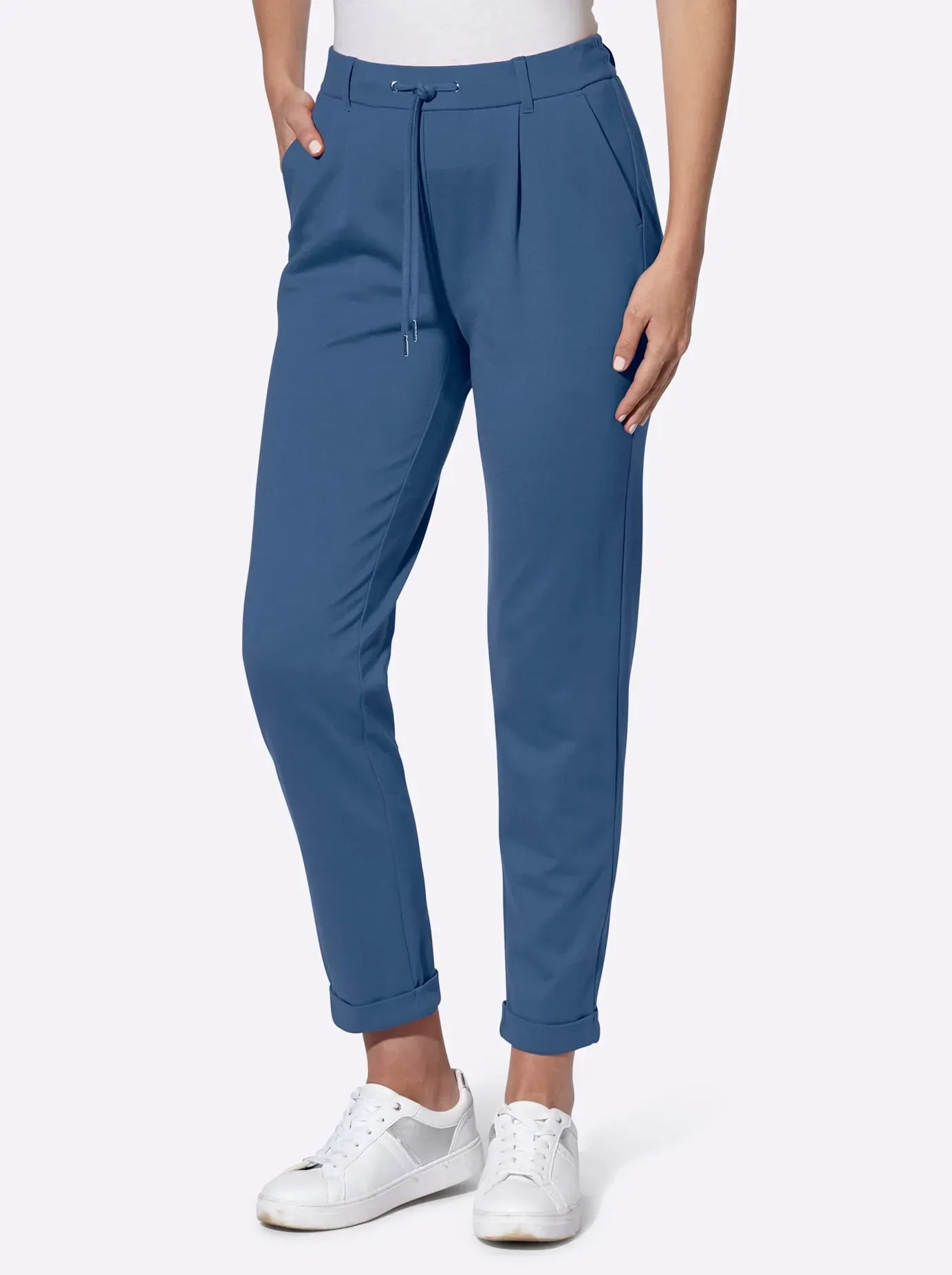 Jogger Pants INSPIRATIONEN, Damen, Gr. 19, Kurzgrößen, blau (jeansblau), 58% Viskose, 36% Polyamid, 6% Elasthan, unifarben, lang, Hosen