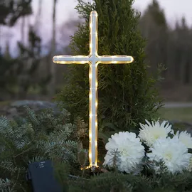 StarTrading LED Grabkreuz 41cm - weißes Kreuz - 24 warmweiße LED - Batteriebox ca. 1 Monat/S...