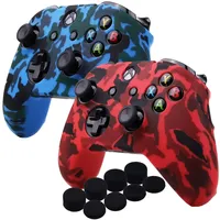 YoRHa Wassertransferdruck Silikon Hülle Abdeckungs Haut Kasten für Microsoft Xbox One X & Xbox One S Controller x 2 (rot & blau) Mit PRO aufsätze Thumb Grips x 8