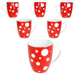 Pula rot 6er Set Kaffeebecher 300ml Porzellan-Tasse 6 Personen Punkte Tee Kakao