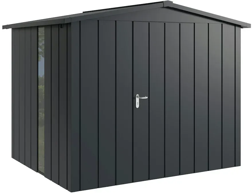 Hörmann Metall-Gerätehaus Juno JSD mit Satteldach B 262 x T 214 cm (JSD 9) mit bodentiefem Glaselement Motiv Modern (mit schmalen Lamellen) Einzeltür Türanschlag rechts Anthrazitgrau (RAL 7016)