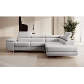 Selsey Stevil - L-Sofa mit Schlaffunktion, Bettkasten, Ottomane rechts, Veloursbezug Grau