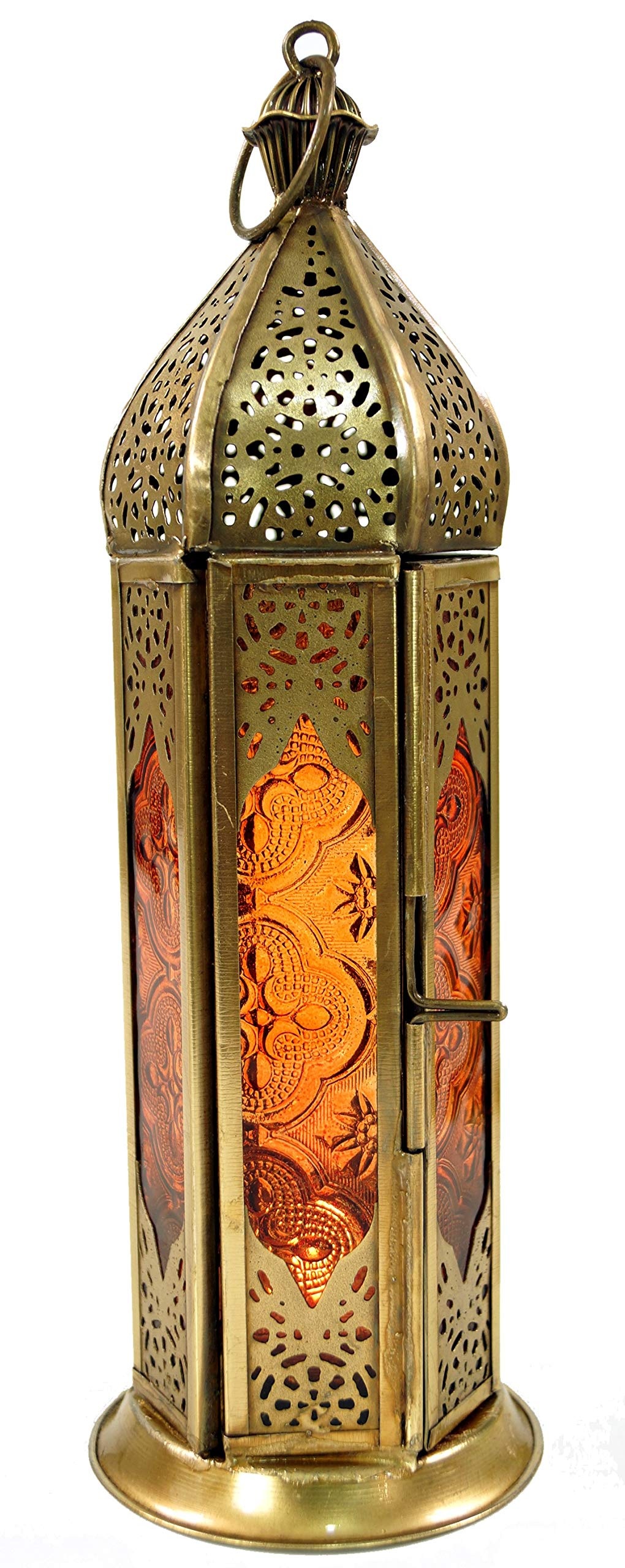 GURU SHOP Orientalische Metall/Glas Laterne in Marrokanischem Design, Windlicht, Orange, Farbe: Orange, 23x8x8 cm, Orientalische Laternen