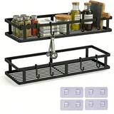 Ruikcoll Gewürzregal Wand 2 Pack-Metall Küchenregal hängend ohne Bohren,Gewürzregal Organizer Wandmontage,für Küche Badezimmer Balkon,Schrank oder Wandmontage mit Haken(Schwarz)