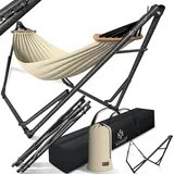 KESSER® Hängematte Vill mit Gestell Metall Faltbar verstellbar Stabiler Rahmen Indoor & Outdoor Mit Tragetasche + Beutel Hängesessel Hängemattengestell Camping Garten Pool Balkon Terrasse, Beige