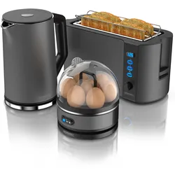 Arendo - Wasserkocher mit Toaster und Eierkocher SET Edelstahl Grau Wasserkocher 1,5L 40° - 100°C, Toaster 4 Scheiben LED-Display 6 Bräunungsgrade