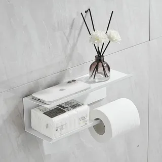 Toilettenpapierhalter Groß mit Duales Ablage,Klopapierhalter Feuchttücher Bewahrung, Bohren, für Badezimmer und Küche, Weiß