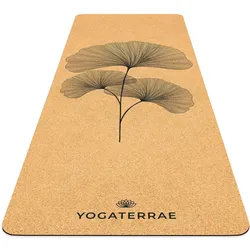 Yogamatte aus Kork und Naturkautschuk mit Trage- und Dehngurt – GINKGOS BILOBA beige|SCHWARZ|brauner Ton 183 MM