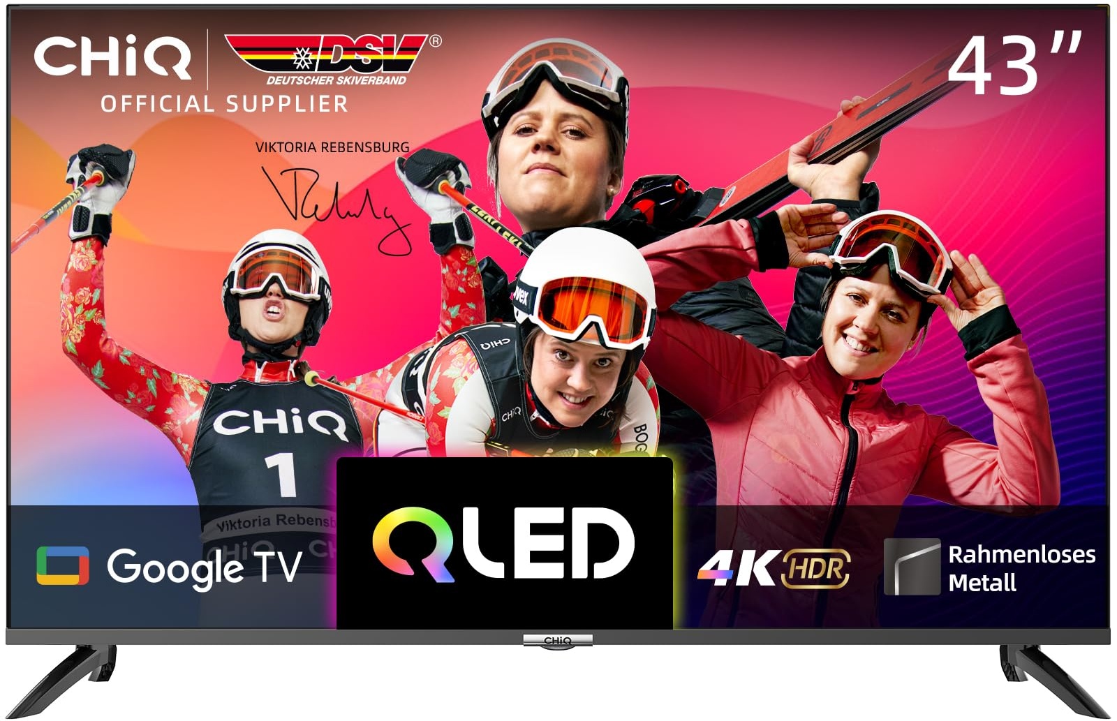 CHIQ U43QM8G 43-Zoll Smart-TV-Gerät, QLED UHD mit HDR, rahmenloses Metall-Design, Google TV, Dolby Audio, Dreifach-Tuner, 2,4G/5G WLAN, Google Assistant, HDMI 2.1, USB2.0, Modell 2023 Schwarz