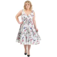 Miss Lavish London Frauen Plus Größe Kleider Retro Swing Blumen Rockabilly 40s und 50er Jahre Vintage Brautjungfer Kleid [BLUMEN-WEISS-52] - 52