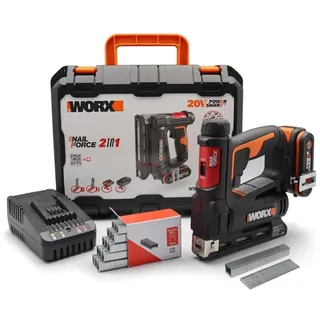 Worx WX843 NailForce Akku-Tacker für Nägel bis 15mm & Tackerklammer bis 14mm mit Akku und Ladegerät