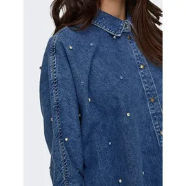 Only Jeansbluse "ONLGRACE 3/4 RHINESTONE MB DNM SHIRTNOOS", Damen, Gr. L, blau (medium blau denim), Web, Obermaterial: 100% Baumwolle, unifarben, oversize, Blusen Jeansbluse, mit Strasssteinen