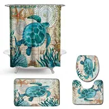 Enhome 4-teiliges Badvorleger-Set Duschmatte + Kontur Matte + WC-Deckelbezug + Duschvorhang, rutschfeste Badvorleger für Küche, Dusche und Toilette - Meerestier (Schildkröte)