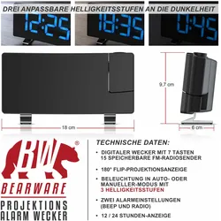 Brandson Projektionswecker, Projektions Radio Wecker digital - Dimmer - Snooze - 15 Radiospeicher