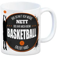 Trendaffe Kaffeebecher mit Basketball Motiv und Spruch: Ihr denkt