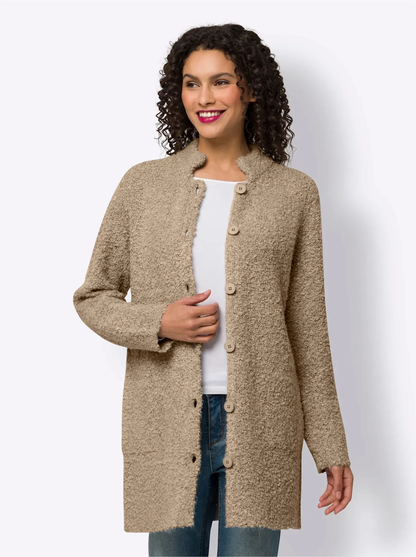 Strickjacke HEINE, Damen, Gr. 50, beige (beige, meliert), 72% Polyacryl, 23% Polyester, 5% Polyamid, unifarben, Strickjacken Strickjacke