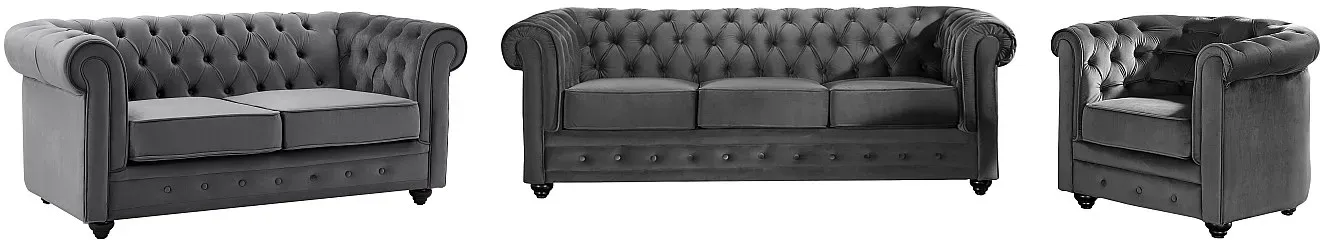 Sofa 3-Sitzer & 2-Sitzer & Sessel - Samt - Anthrazit - CHESTERFIELD