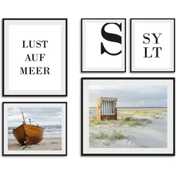 Bild QUEENCE "Lust auf Meer und Sylt", bunt (farbe rahmen: schwarz, farbe bild(er): bunt), B:30cm H:40cm, Acrylglas, Papier, Holz, Bilder, HD Premium Poster-Druck inkl. Holzrahmen - 5er Set