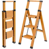 Trittleiter mit Handlauf, rutschfeste Leiter 3 Stufen Klappbar, Holzoptik
