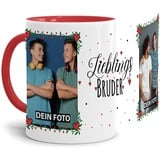 Tasse - Lieblings-Bruder - zum selbst Gestalten mit zwei Fotos - Fototasse für den Bruder - Keramik, Innen & Henkel Rot, 300 ml