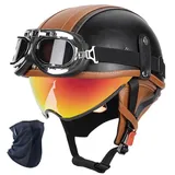 YHQUDGWT Halbschalenhelm mit ECE, Retro Motorradhelm mit Schnellverschlussschnalle, Versteckte Schutzbrille, ABS-Schale, für Erwachsene Männer und Frauen, Chopper, Scooter, Moped