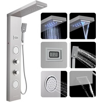 ROVOGO LED Duschpaneel mit Armatur, Duschsäule mit Wasserfall, Regendusche, Temperaturanzeige, 2 Groß Massagedüsen, Handbrause und Wanneneinlauf, Dusche Panel Edelstahl Gebürstet