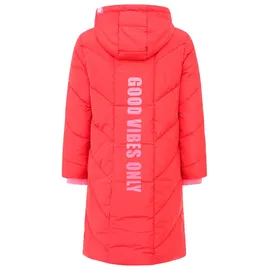 Zwillingsherz Steppjacke "Good Vibes Only", Damen, Gr. L, rot, Steppware, Obermaterial: 100% Polyester, mehrfarbig, normal ca. Mitte Knie, ohne Ausschnitt, angesetztes Bündchen, Jacken Steppjacke, mit Kapuze, Backprint und bedrucktem Zugband